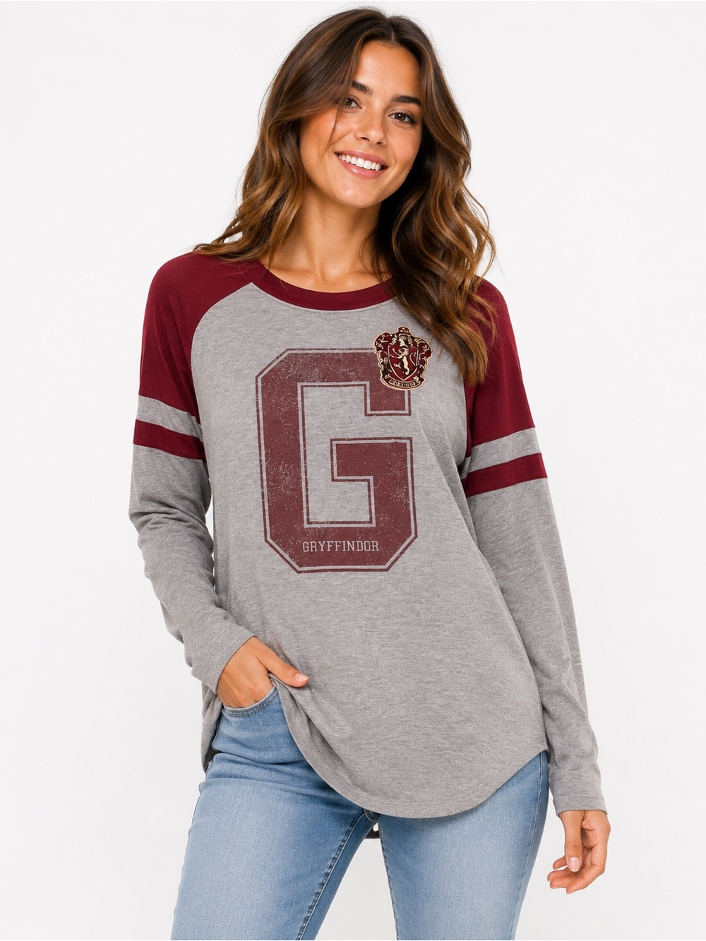 Harry Potter Size Large Gryffindor Maroon & Gray Raglan Long-Sleeve Top